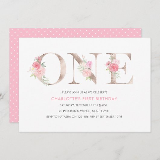 バラ金ゴールド花ファースト誕生日招待状 招待状 (正面/裏面)