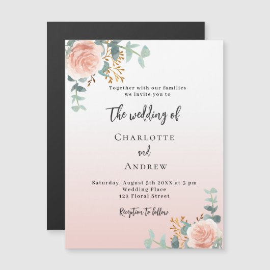 バラ金ゴールド花模様グリーンラグジュアリー結婚ズ マグネット招待状 (正面/裏面)