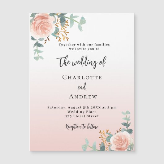 バラ金ゴールド花模様グリーンラグジュアリー結婚ズ マグネット招待状 (正面)