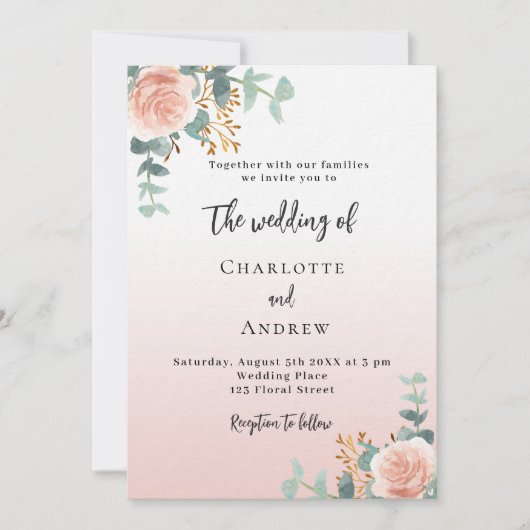 バラ金ゴールド花模様グリーンラグジュアリー結婚ズ 招待状 (正面)