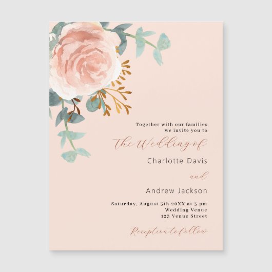 バラ金ゴールド花模様グリーンリーピーチ結婚ラグジュアリー マグネット招待状 (正面)