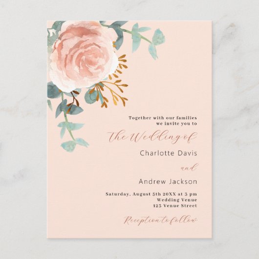 バラ金ゴールド花模様グリーンリーピーチQR RSVP 結婚's インビテーションポストカード (正面)