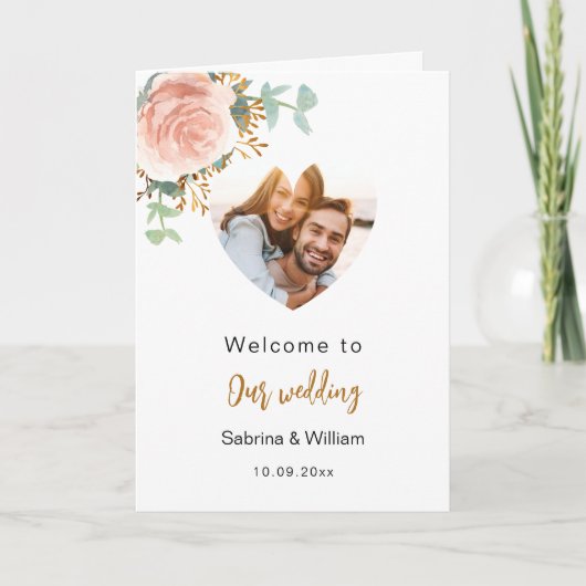 バラ金ゴールド花模様フォトウェルカムプログラムメニュー 招待状 (正面)