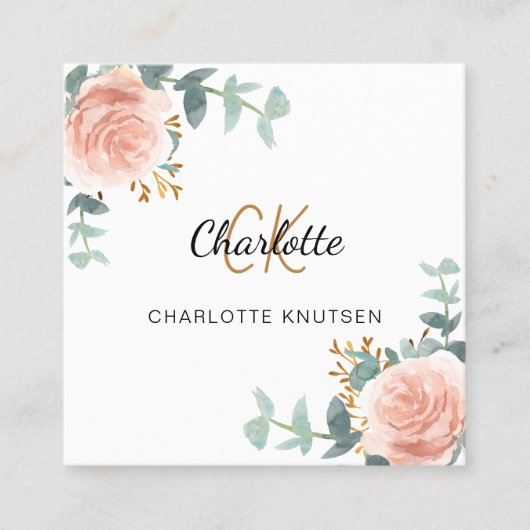 バラ金ゴールド花模様モノグラムQrコード スクエア名刺 (正面)