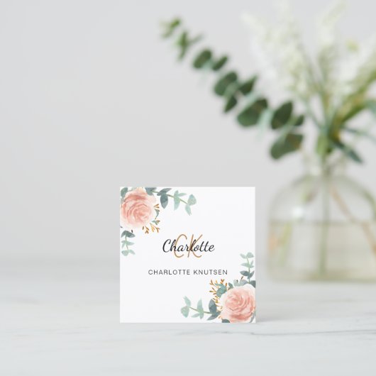 バラ金ゴールド花模様モノグラムQrコード スクエア名刺 (スタンド正面)