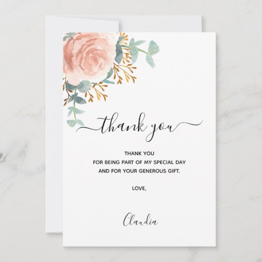 バラ金ゴールド花模様ユーカリサンキューカード 招待状 (正面)