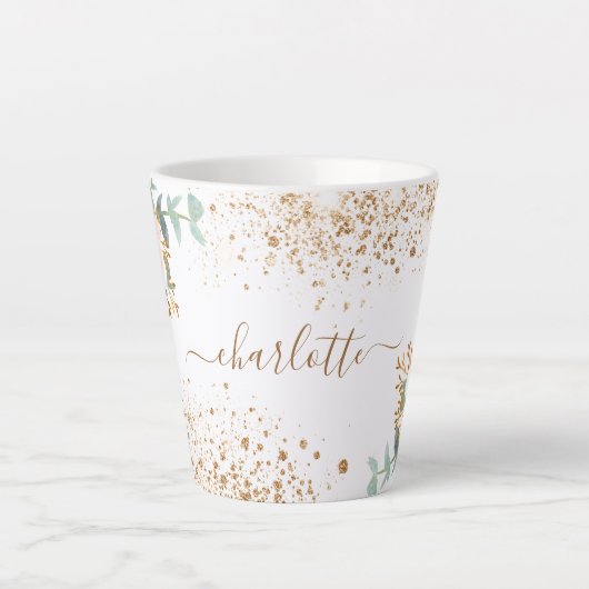 バラ金ゴールド花模様ユーカリ金ゴールドグリッター名 カフェラテマグ (正面)