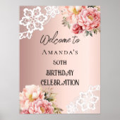 バラ金ゴールド花模様レース誕生日ウェルカムサイン ポスター (正面)