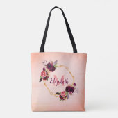 バラ金ゴールド花模様幾何学的ブルゴーニュモノグラム トートバッグ (裏面)