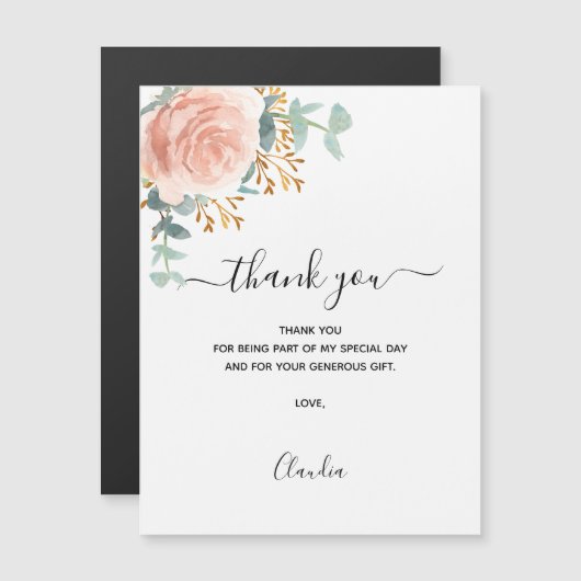 バラ金ゴールド花模様磁気サンキューカード マグネット招待状 (正面/裏面)