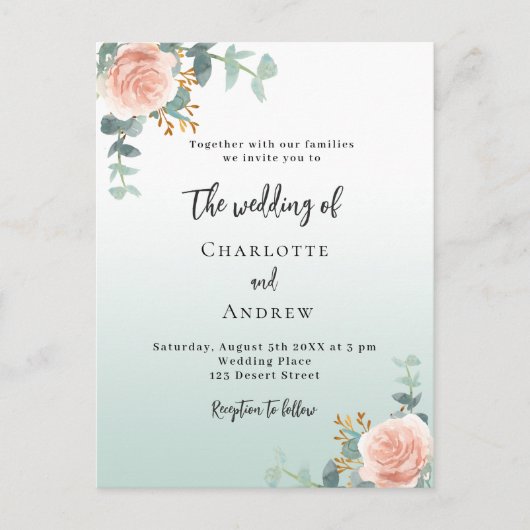 バラ金ゴールド花模様結婚グリーン インビテーションポストカード (正面)