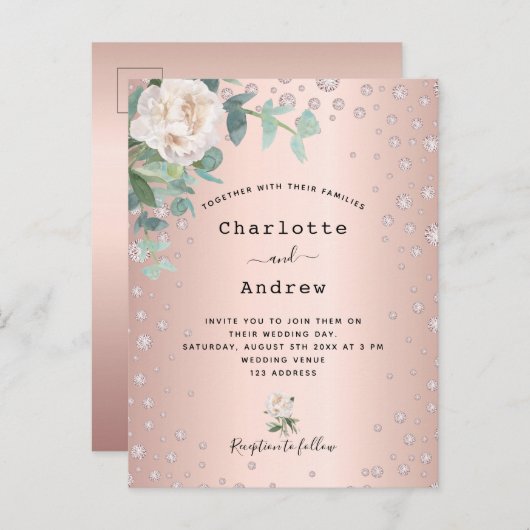 バラ金ゴールド花模様結婚式招待状 ポストカード (正面/裏面)