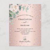 バラ金ゴールド花模様結婚式招待状 ポストカード (正面)