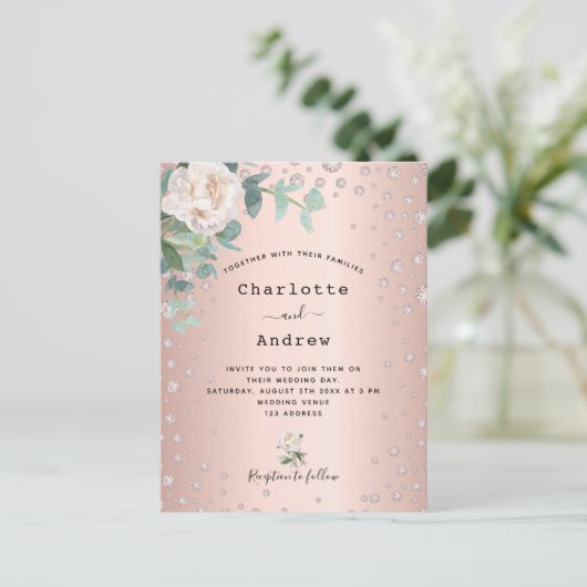 バラ金ゴールド花模様結婚式招待状 ポストカード (スタンド正面)