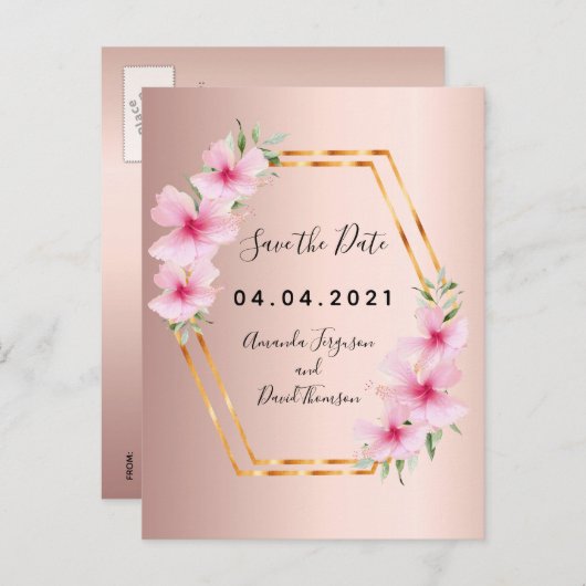 バラ金ゴールド花模様結婚式日付の保存 案内ポストカード (正面/裏面)