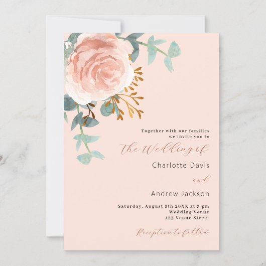 バラ金ゴールド花模様結婚桃 招待状 (正面)