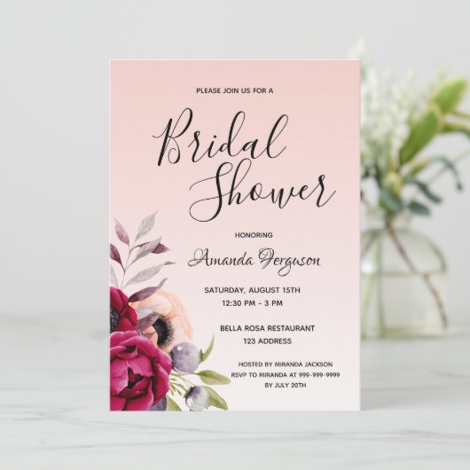 バラ金ゴールド花模様birgundyスクリプトブライダルシャワー 招待状 (スタンド正面)