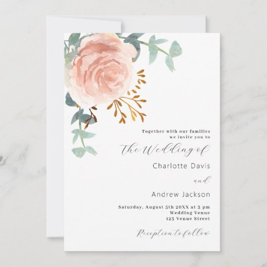 バラ金ゴールド花模様greenery QRコードRSVP 結婚's 招待状 (正面)