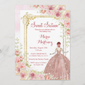 バラ金ゴールド花金ゴールドグリッター赤面ピンクスウィート16 招待状 (正面/裏面)