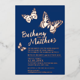 バラ金ゴールド蝶のダークブルー結婚ズ 箔招待状