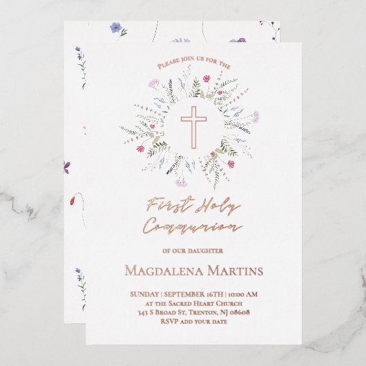 バラ金ゴールド詳細ファーストコミュニオンワイルドフラワー 箔招待状 (正面/裏面)