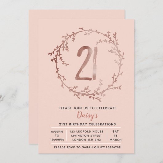 バラ金ゴールド誕生日ガールズ21歳の誕生日の招待状 招待状 (正面/裏面)