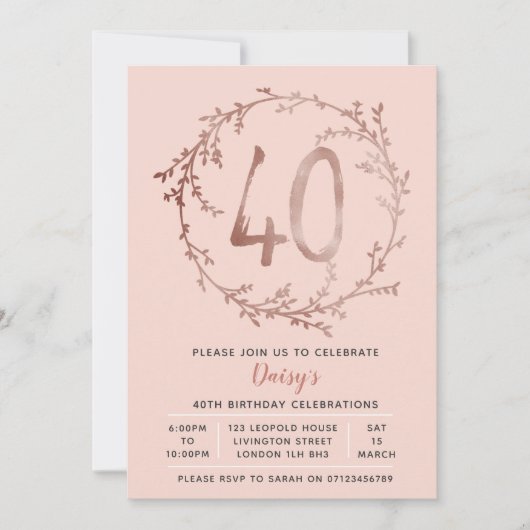 バラ金ゴールド誕生日ガールズ40歳の誕生日の招待状 招待状 (正面)