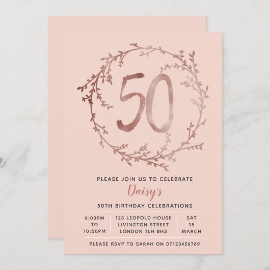 バラ金ゴールド誕生日ガールズ50歳誕生日の招待 招待状 (正面/裏面)