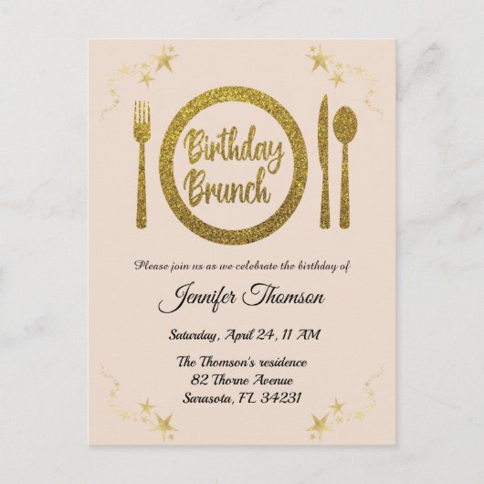 バラ金ゴールド誕生日ブランチの招待状 インビテーションポストカード (正面)