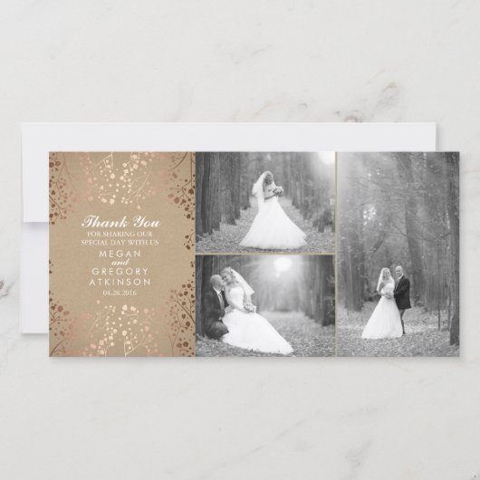 バラ金ゴールド赤ちゃんの息結婚の写真ありがとう サンキューカード (正面)