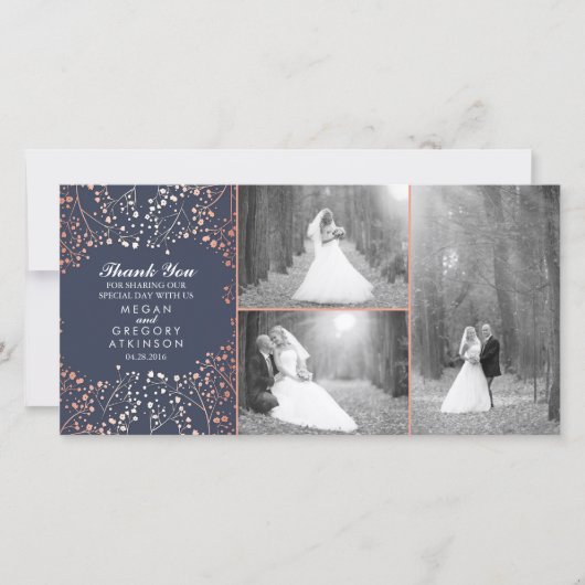 バラ金ゴールド赤ちゃんの息結婚の写真ありがとう サンキューカード (正面)