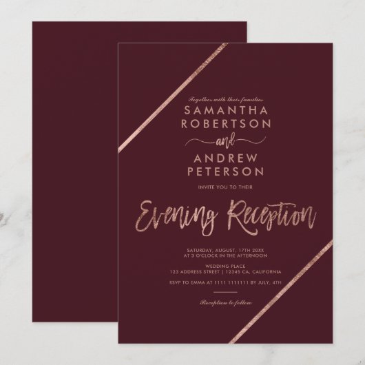 バラ金ゴールド赤タイポグラフィ結婚夕べ 招待状 (正面/裏面)