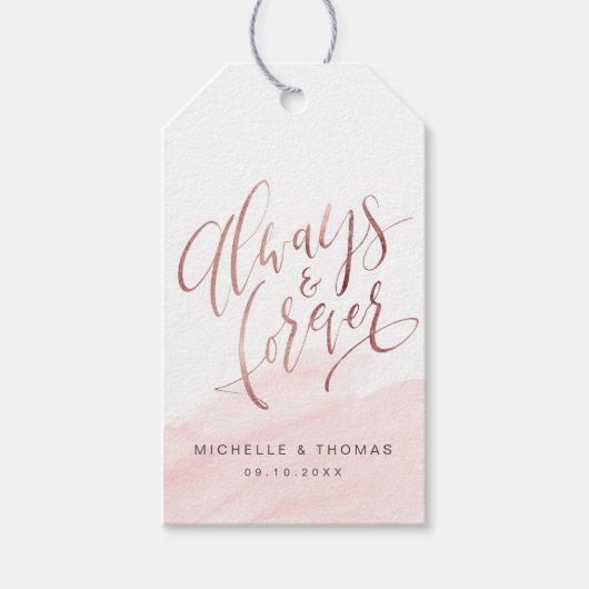 バラ金ゴールド赤面は常に永久にスクリプト結婚の ギフトタグ (正面)