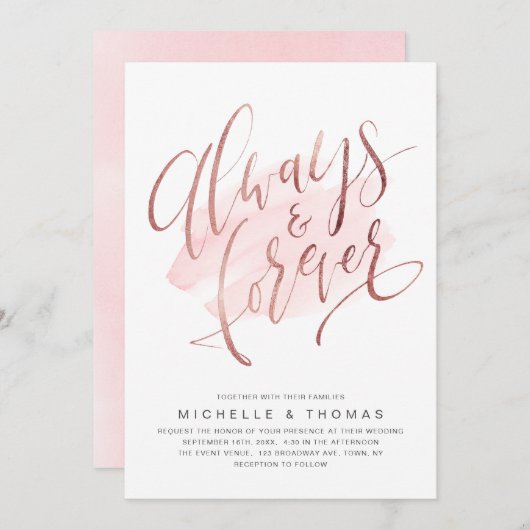 バラ金ゴールド赤面は常に永久にスクリプト結婚の 招待状 (正面/裏面)