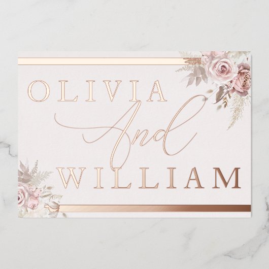 バラ金ゴールド赤面ほこりっぽいバラピンクフローラ結婚ズ 箔招待状 (正面)