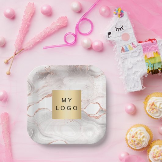 バラ金ゴールド赤面アゲート大理石ビジネスロゴ ペーパープレート (パーティー)