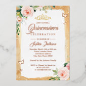 バラ金ゴールド赤面キンセアニェラフローラスパークルティアラ 箔招待状 (正面)