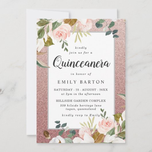 バラ金ゴールド赤面グリッターフローラモダンキンセアニェラ 招待状 (正面)