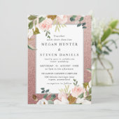 バラ金ゴールド赤面グリッターモダンフローラ結婚 招待状 (スタンド正面)