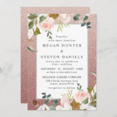 バラ金ゴールド赤面グリッターモダンフローラ結婚 招待状 (正面/裏面)