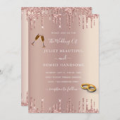 バラ金ゴールド赤面グリッターリングや輪結婚式招待状 (正面/裏面)