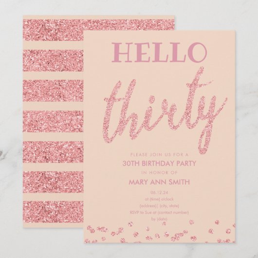 バラ金ゴールド赤面グリッター「Hello Thirty」誕生日 招待状 (正面/裏面)