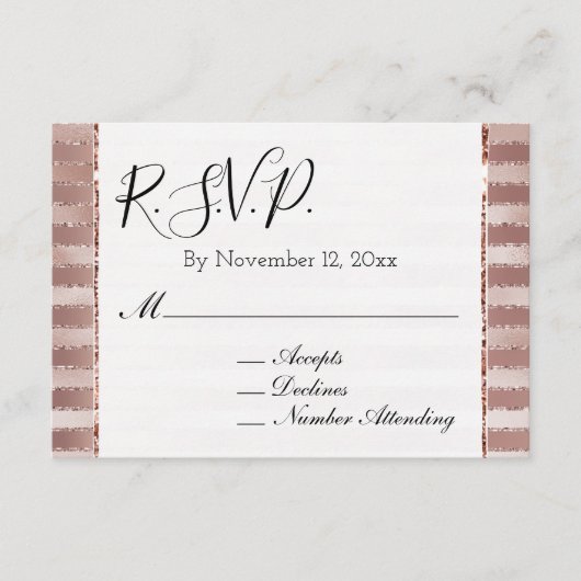 バラ金ゴールド赤面ストライプピンクグリッツウェディングRSVP エンクロージャーカード (正面)