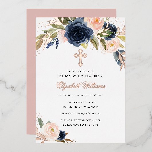 バラ金ゴールド赤面ネイビーフローラガールバプティズム 箔招待状 (正面/裏面)