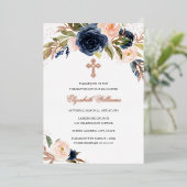 バラ金ゴールド赤面ネイビーフローラガールバプティズム 箔招待状 (立ち正面)