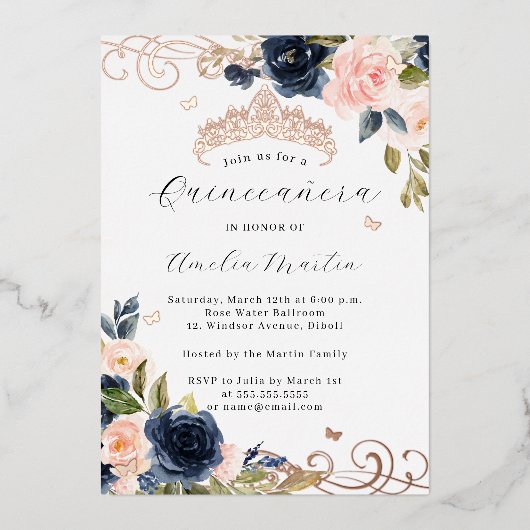 バラ金ゴールド赤面ネイビーフローラスワールキンセアニェラ 箔招待状 (正面)