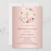 バラ金ゴールド赤面ピンクの花模様が最初の聖餐式をクロス 招待状 (正面)