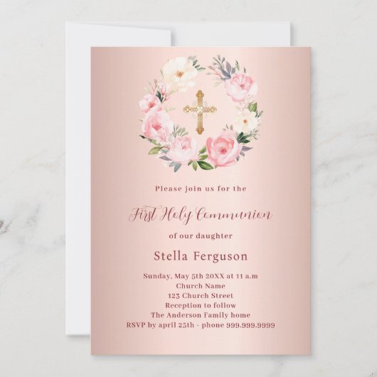 バラ金ゴールド赤面ピンクの花模様が最初の聖餐式をクロス 招待状 (正面)