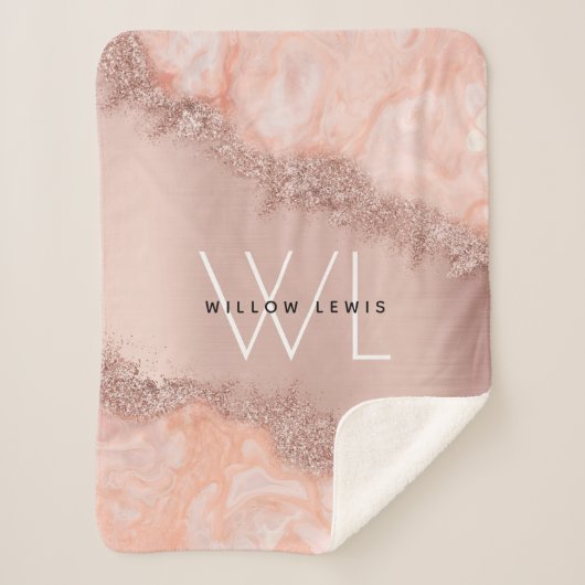 バラ金ゴールド赤面ピンクアゲイトグリッターモノグラム シェルパブランケット (正面)