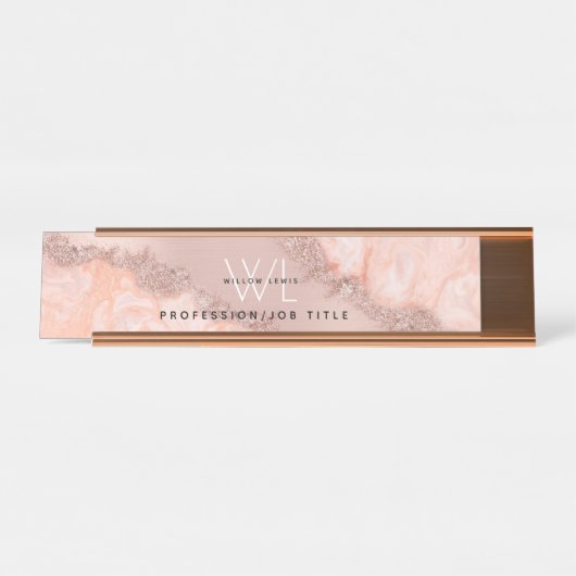 バラ金ゴールド赤面ピンクアゲイトグリッターモノグラム デスクネームプレート (正面)